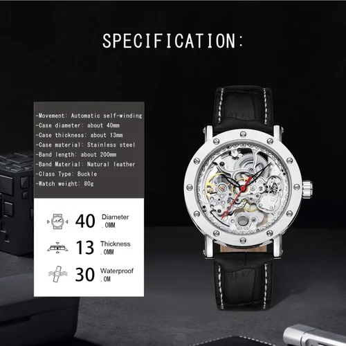 Vista 3 de IK COLOURING Reloj de pulsera mecánico de acero inoxidable con diseño steampunk, de cuerda automática con números romanos, Mecánico, cuerda