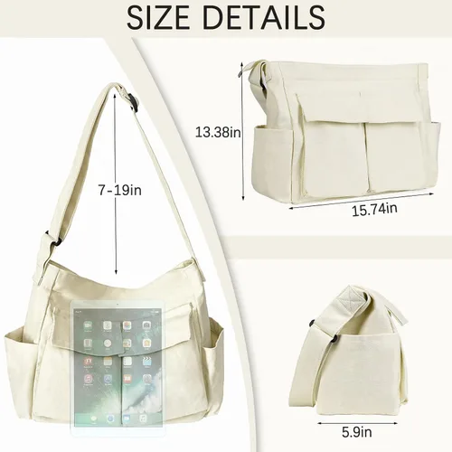 Vista 5 de JQWSVE Bolso bandolera de lona grande con múltiples bolsillos, bolsa de hombro de lona para mujeres y hombres
