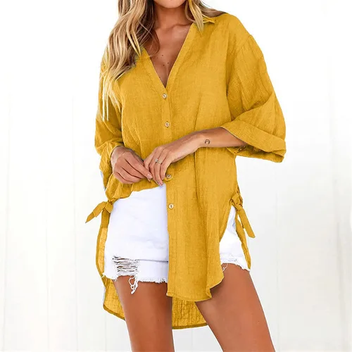 Vista 44 de Camisas de manga larga con botones para mujer, asimétricas, casuales, con cordones, túnica de gran