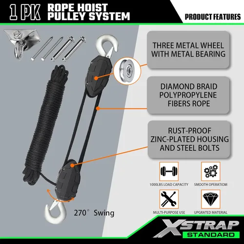 Vista 4 de XSTRAP STANDARD - Polipasto de cuerda de 50 pies, resistente bloque de rueda de rotura de 2000 libras Tackle Pulley System for Lifting Heavy
