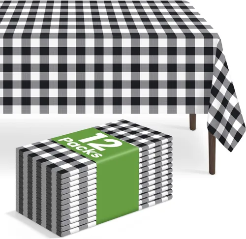 Vista 56 de Paquete de 2 manteles rectangulares desechables color negro, manteles de plástico negro para fiestas, 54 x 108 pulgadas, mantel de campamento