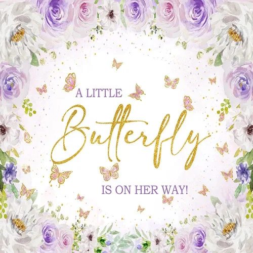 Vista 7 de Avezano Telón de fondo de mariposa para baby shower, flores moradas, manchas doradas, con texto en inglés "A Little Butterfly is on the Way", fondo