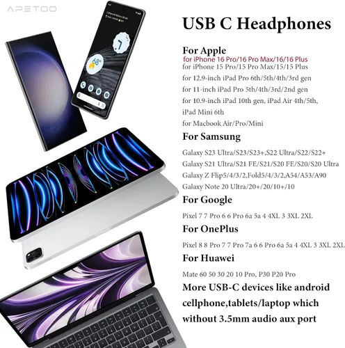 Vista 8 de APETOO Auriculares USB C para iPhone Air 17 16 Pro Max 15 Plus iPad, Samsung S25/S24/S23/S22/S21 HiFi Stereo USB-C Auriculares con cable
