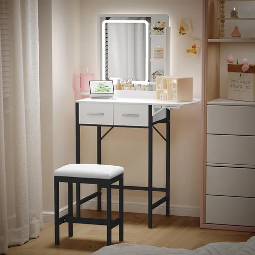Vista 6 de Pequeño escritorio de tocador para espacio pequeño: juego de mesa de maquillaje compacto para dormitorio pequeño - Vanidad que ahorra espacio