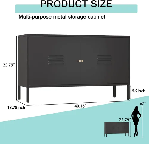 Vista 3 de Gabinete de almacenamiento de metal, soporte de TV de 2 puertas, armario decorativo con puertas y estante ajustable, armario de metal, mesita