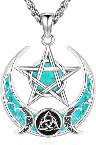 Vista 182 de Collar de pentagrama de plata de ley con triple luna, diosa celta, nudo celta, nudo de brujas, Ankh, sol y luna, Hécate, lilith, Santa Muerte