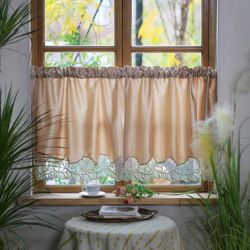 Vista 2 de SUTAVIA Juego de 2 cortinas clásicas de encaje rosa para cocina, cortinas de cafetería, cortinas de satén dorado con bolsillo para barra