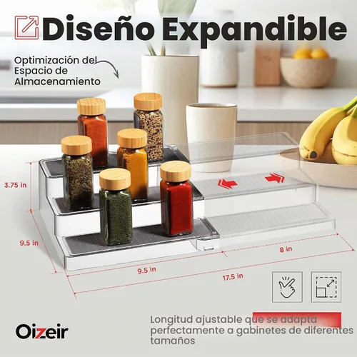 Vista 2 de Oizeir Estante organizador de especias expandible – 3 niveles – Estante transparente ajustable para organización de especias para armario de cocina