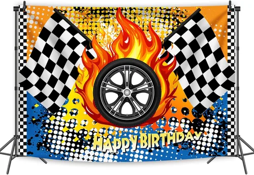 Vista 6 de Telón de fondo de fotos de ruedas de carreras de 5 x 3 pies para decoración de fiestas de cumpleaños infantiles con temática de carreras, carteles