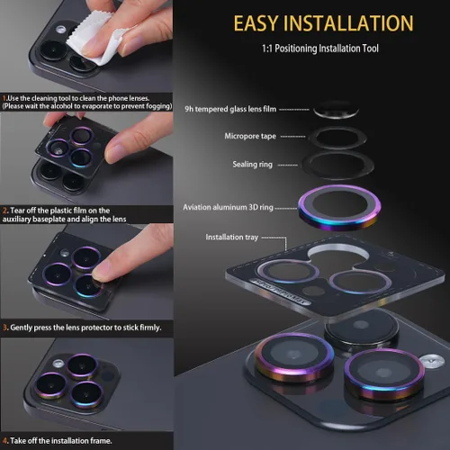 Vista 6 de Protector de lente de cámara para iPhone 15 Pro Max, protector de lente de vidrio templado con anillo de aleación de aluminio, compatible con iPhone