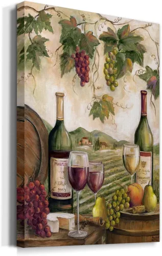 Vista 2 de Renditions Gallery Arte de pared de viñedo, decoración de vino rojo y blanco, queso y uvas, arte escénico para cocina o comedor, lienzo de alta