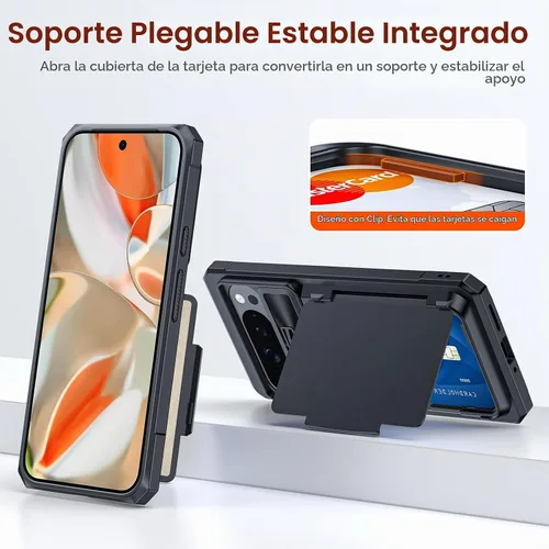 Vista 5 de CENMASO - Funda para Google Pixel 9 Pro XL con tarjetero (4 tarjetas), funda deslizante para cámara y función atril, bloqueo RFID, protección