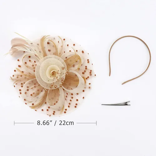 Vista 2 de DRESHOW Fascinators Hat Flower Mesh Ribbons Feathers on a Headband and a Clip Tea Party Headwear for Girls and Women
