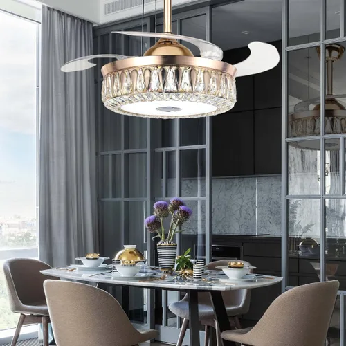 Vista 2 de Ventiladores de techo Bluetooth de 42 pulgadas con luces, moderno ventilador de techo retráctil y control remoto, 7 cambios de color, luz de Dorado-2
