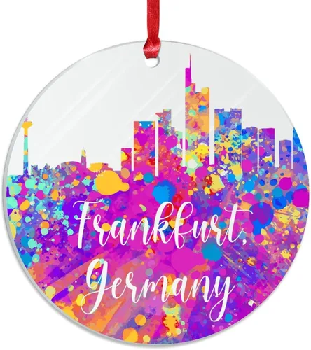 Vista 3 de Alemania Frankfurt Skyline Adorno de Navidad 2022 Alemania Frankfurt, arte de acuarela, adornos de Navidad para niños, colorido paisaje de ciudad