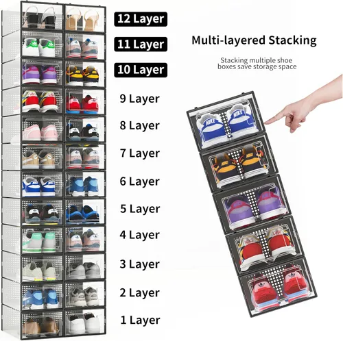 Vista 4 de Paquete de 12 cubos de almacenamiento de zapatos, organizador de zapatos apilable de plástico transparente para armario, zapatero plegable que
