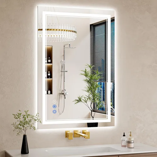 Vista 27 de Espejo de baño LED de 22 x 30 pulgadas con luces, antiniebla, retroiluminado + luz frontal, regulable, espejo de tocador LED para pared, espejo