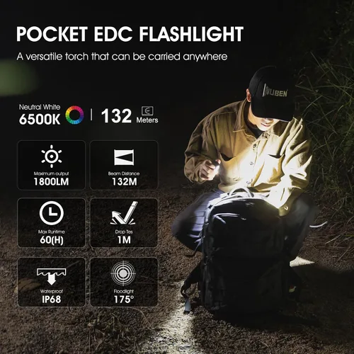 Vista 3 de WUBEN Linterna E7 EDC, Linterna Mini de 1800 Lúmenes Recargable, Linterna Pequeña Súper Brillante, 6 Modos IP68 Impermeable Incorporado Luz de Mano