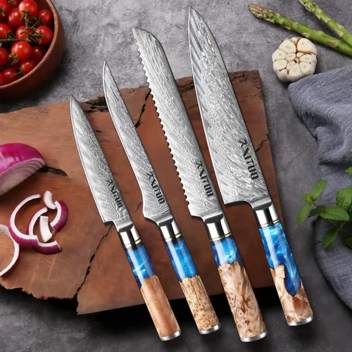 Vista 9 de XITUO VG10 Juego de cuchillos de chef japoneses de acero Damasco de 4 piezas, resina azul y mango de madera, cuchillo de chef de 8 pulgadas