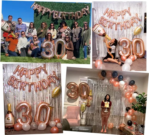 Vista 6 de PartyHooman Decoraciones de cumpleaños número 30 para mujer con banda de cumpleaños número 30 y tiara de diamantes de imitación Globos