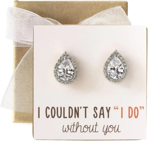 Vista 2 de Regalo de joyería de dama de honor de boda, poste de lágrima de pera o aretes de clip en oro, oro rosa, plata, Oro rosa Plata, Circonia cúbica