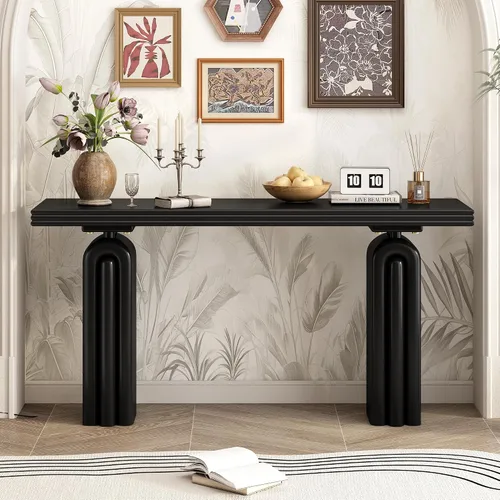 Vista 11 de Mesa consola moderna con diseño acanalado vertical, mesa de entrada de almacenamiento compacta con cajón funcional para sala de estar Negro-ww33