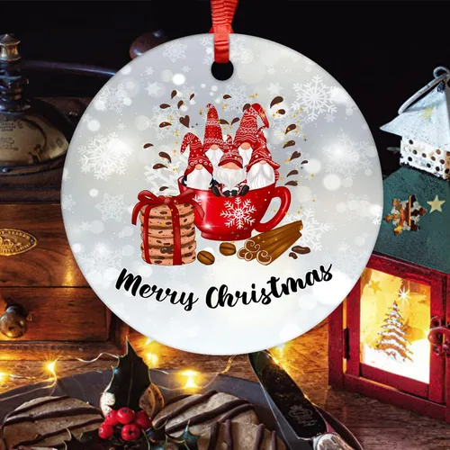 Vista 6 de ArogGeld Adorno redondo de cerámica con diseño de gnomo de Navidad, recuerdo de porcelana plana, árbol de Navidad, vacaciones, decoración de fiesta