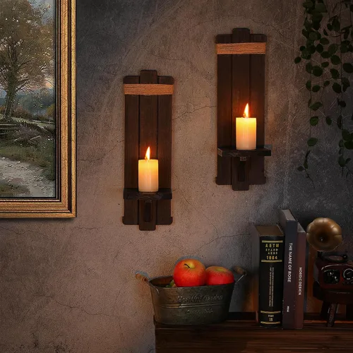 Vista 4 de Candelabros para decoración de pared de granja, 2 candelabros rústicos góticos hechos a mano de madera para montaje en pared para dormitorio, sala