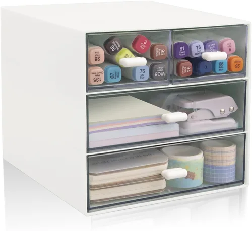 Vista 8 de Organizador de escritorio con cajón, organizador de oficina con 4 cajones, caja de almacenamiento de escritorio para escritorio, tocador, oficina