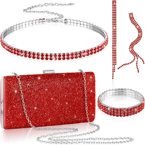 Vista 9 de Kigeli 4 piezas de diamantes de imitación para mujer, bolsa de embrague de noche, collar y pulsera para boda formal
