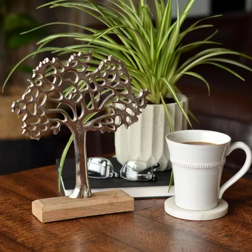 Vista 6 de WHW Whole House Worlds Figura icónica del árbol de la vida, hecha a mano, aluminio plateado, base de madera de mango, 9.75 pulgadas