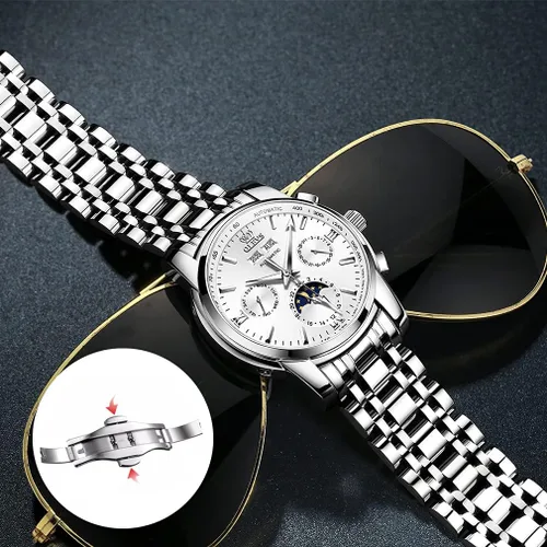 Vista 5 de OLEVS Reloj de pulsera para hombre, diseño de esqueleto, automático, de lujo, con cara grande, multicalendario, de acero inoxidable, impermeable
