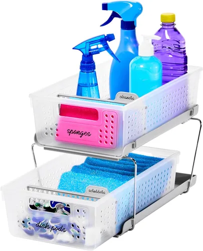 Vista 6 de madesmart Organizador de baño de 2 niveles, almacenamiento debajo del fregadero con cajones deslizantes, para suministros de limpieza, despensa