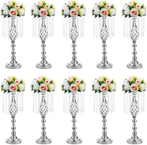 Vista 13 de Sziqiqi - Centro de mesa elevado floral dorado para mesa de boda de 21.7 pulgadas de altura con centros de mesa de flores de cristal y cuentas
