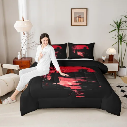 Vista 4 de Erosebridal - Juego de edredón Samurai, juego de ropa de cama al atardecer, edredón japonés de samurái cálido y suave, decoración de dormitorio