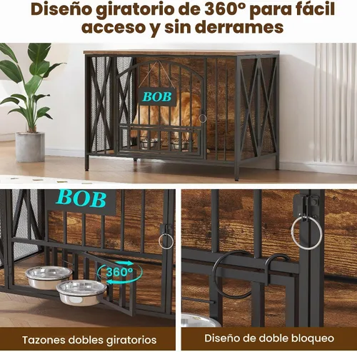 Vista 4 de BOINN Mueble plegable para perros de 41.3 pulgadas, no se ensambla, para perros de interior, jaulas de madera para perros con cuencos giratorios