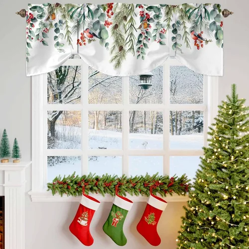Vista 4 de Cenefa de amarre cardenal de Navidad, cenefa de cocina ajustable con hojas de eucalipto verde baya, cenefas blancas con bolsillo para barra