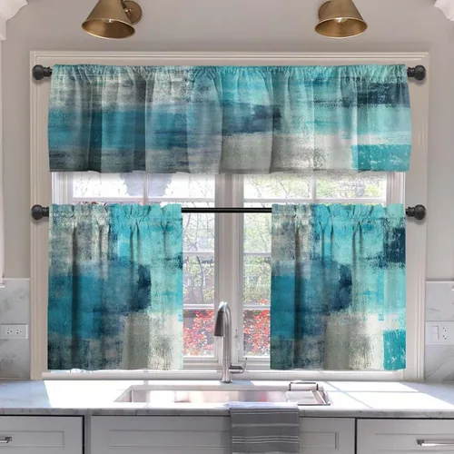 Vista 17 de MCALK Cortinas opacas azules para cocina, cenefas para ventanas, arte abstracto moderno para sala de estar (juego de niveles de 36 pulgadas)