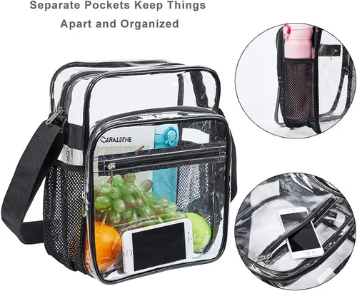 Vista 4 de Bolsa transparente aprobada para estadios, bolsa bandolera mensajero de hombro transparente con correa ajustable para conciertos, eventos deportivos