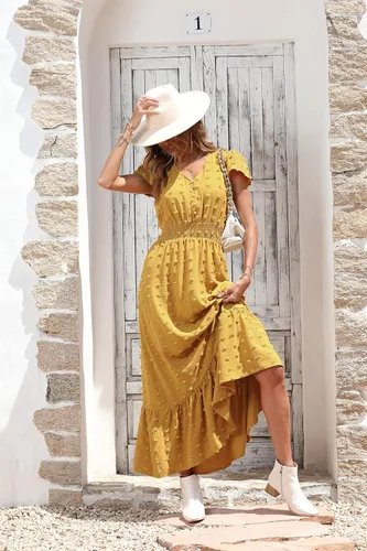 Vista 4 de PRETTYGARDEN - Vestido bohemio de manga corta con cuello en V y plumetí con volantes, vestido maxi fruncido de cóctel