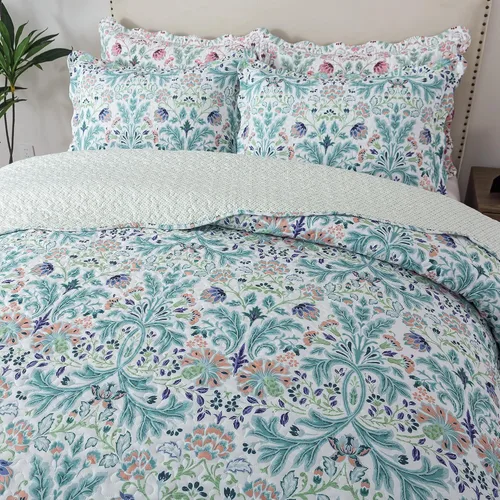 Vista 46 de Juego de cama de dos piezas, tamaño individual, de microfibra, reversible, de retazos, estilo floral, todas las estaciones, patrón de porcelana azul