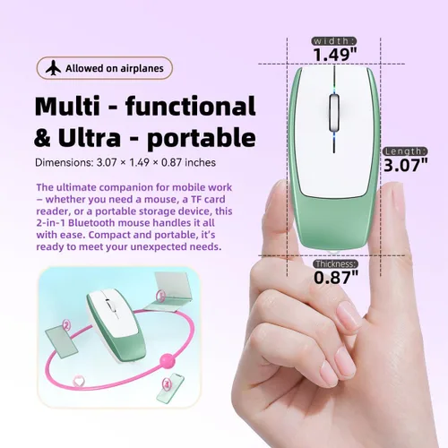 Vista 3 de FMOUSE Mini 2-en-1 Ratón Inalámbrico Bluetooth y Lector de Tarjetas TF - Tarjeta TF de 8 GB Incluida, Adaptador de Type-C a USB, Recargable, Ultra