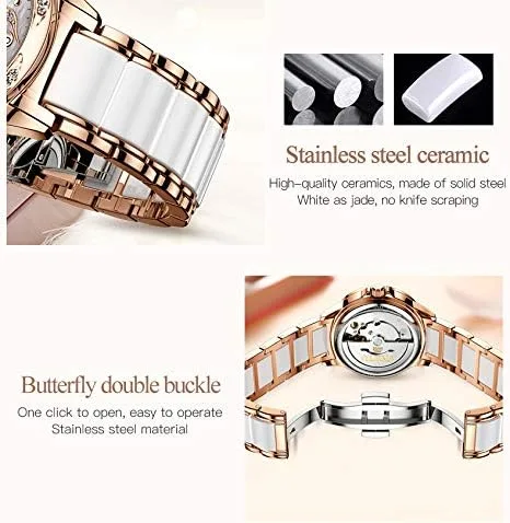 Vista 3 de OLEVS Reloj para mujer automático automático mecánico reloj de pulsera para mujer, cara grande, dos tonos, acero inoxidable, pulsera de cerámica