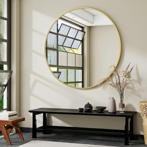 Vista 11 de VooBang Gold Round Bathroom Mirror 24", Thin Metal Frame Wall Mirror Dorado
