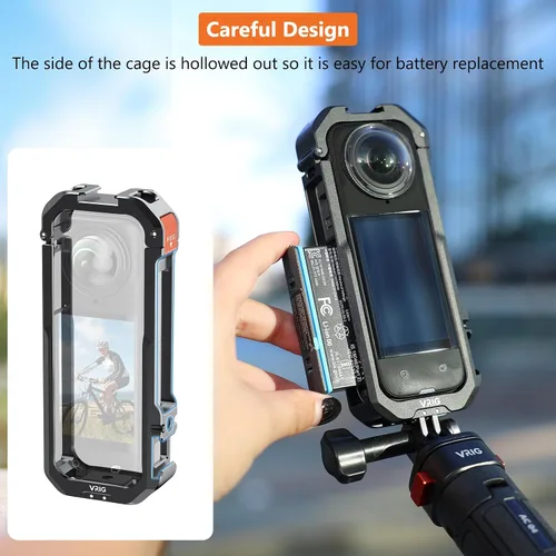 Vista 2 de VRIG - Jaula de marco para Insta360 X4, funda protectora de aluminio para Insta360 X4 con cubierta de lente de silicona, zapata fría integrada e