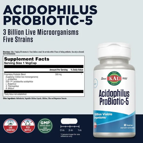 Vista 2 de KAL Acidophilus Tabletas, probiótico-5 cápsulas, 3 bilis, 60