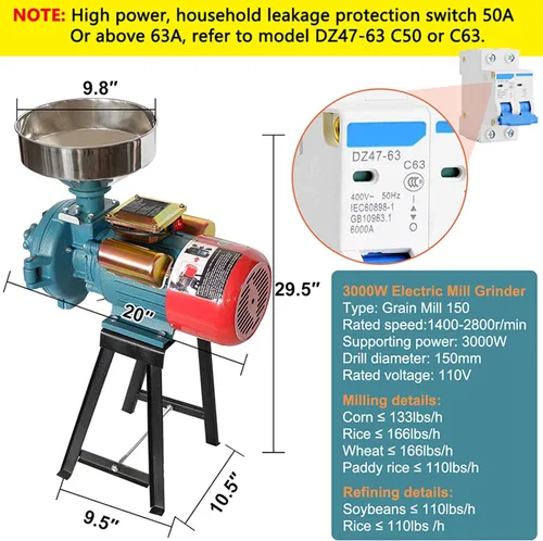 Vista 5 de NAIZEA Molino de grano eléctrico 3000W - Molinillo de cereales secos húmedos, molino de maíz, máquina de molino de grano comercial resistente