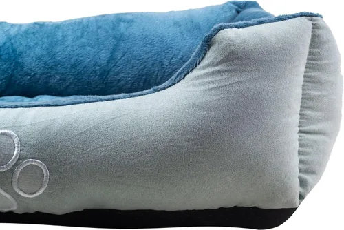 Vista 5 de Happycare Textiles - Cama para perro rectangular larga para mascotas con bordado de huella de perro, tamaño mediano, Azul con inserto ortopédico.