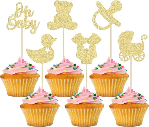 Vista 15 de Gyufise Paquete de 36 adornos para cupcakes Oh Baby ensamblados con texto en inglés "It's a Boy" con corbata, mameluco de amor, corazón, purpurina