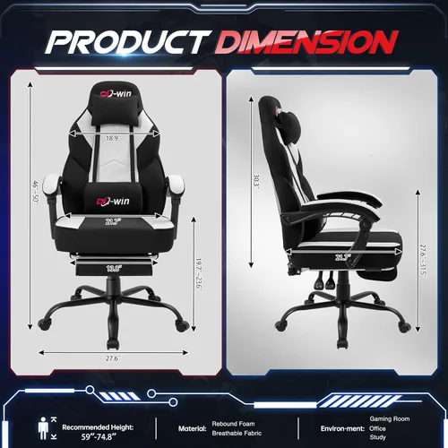 Vista 3 de Silla de juegos para adultos con reposapiés y soporte lumbar de masaje, silla ergonómica de respaldo alto, sillas giratorias ajustables